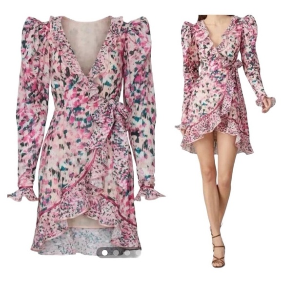 Rococo Sand Mimi Ruffle Trim Long Sleeve Mini Wrap Dress - Picture 1 of 5